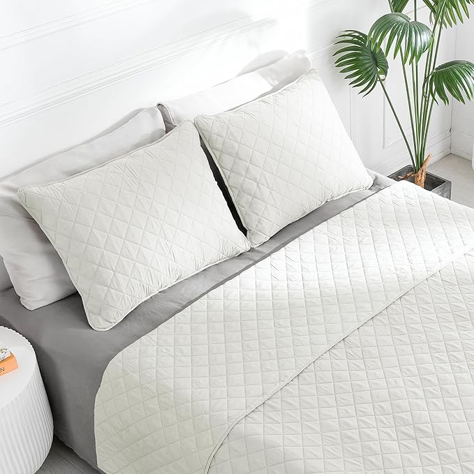 Easy-Going Twin Size Reversible Quilt Set with 1 Quilt and 1 Pillow Sham, Soft Bed Quilt Cover, Water Resistant Lightweight Microfiber Bedspread, Stain Resistant, Ivory/Ivory