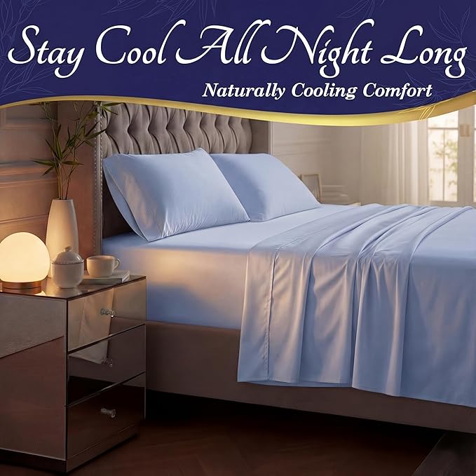 DECOLURE 100% Viscose Derived from Bamboo Sheets California King Size - Luxury 4 Pc Naturally Cooling Sheets, Ultra Soft Bed Set - Deep 17" Pockets, Double Stitching, Oeko Tex Standard (Light Blue)