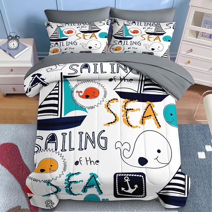 Nesker 7 Pcs Comforter Set Queen Size, Cute Nautical Sailboat Boat Bedding for Kids Teen, Sea Whale with Fitted Sheet 2 Pillowcases & 2 Shams for Bedroom Bed Decor