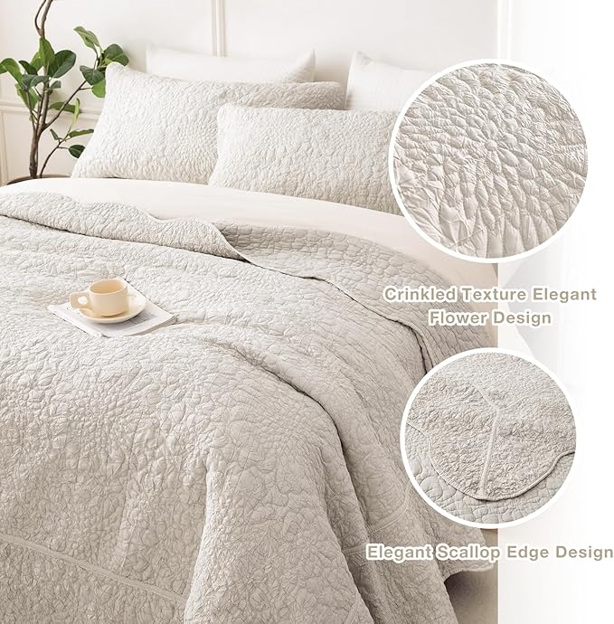 Masaca Oversized King Bedspread 128"x120",Wheat California King Quilt Bedding Set Oversized 3 Pieces Soft Lightweight Crinkled Farmhouse Extra Large Bedspread & Coverlet Sets for All Season