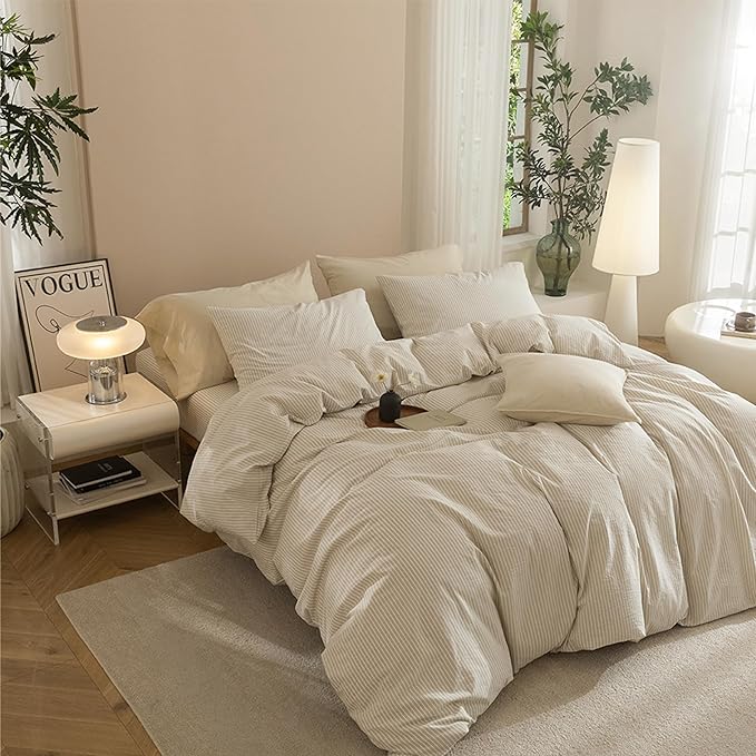 JIYUAN 100% Washed Cotton Striped Duvet Cover Set 3 Pieces King, 1 Duvet Cover and 2 Pillowcases(Comforter Not Included),Linen Like Comfy and Breathable,Pinstripes - Beige White