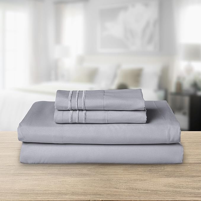 Elegant Comfort Luxurious 1500 Premium Hotel Quality Microfiber Three Line Embroidered Softest 4-Piece Bed Sheet Set, Wrinkle and Fade Resistant, Queen, Silver-Light Grey