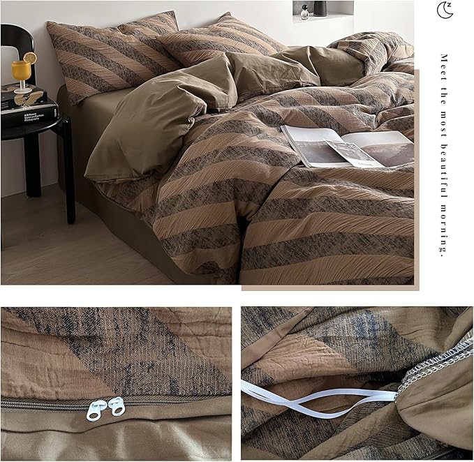 VM VOUGEMARKET Khaki Grey Striped Duvet Cover Queen Linen Cotton Bedding Set Jacquard Diagonal Stripes Duvet Cover Set Without Filling 90x90 Inch