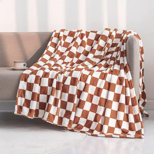 LOMAO Throw Blankets Flannel Blanket with Checkerboard Grid Pattern Soft Throw Blanket for Couch, Bed, Sofa Luxurious Warm and Cozy for All Seasons (Caramel, 90"x110")