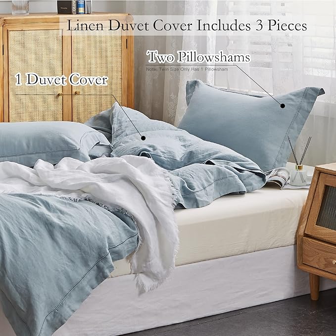 Simple&Opulence 100% Washed Linen Duvet Cover with Embroidered, 2 Pieces Soft Farmhouse Comforter Set with Button Closure,1 Duvet Cover and 1 Pillowsham(Twin,Dusty Blue)