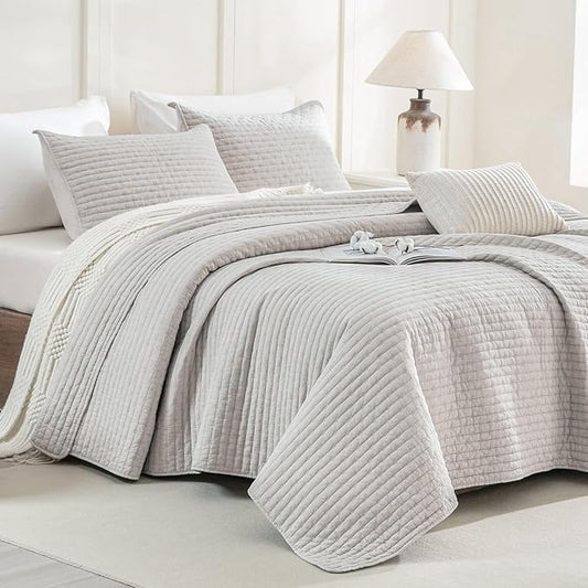 CozyTide Oversized King Quilt 120x120,Stone-Washed Cotton Oversized King Bedspread,3 Pieces Lightweight Ultra Soft Wheat Stitching Pattern California King Coverlet Set for All Season