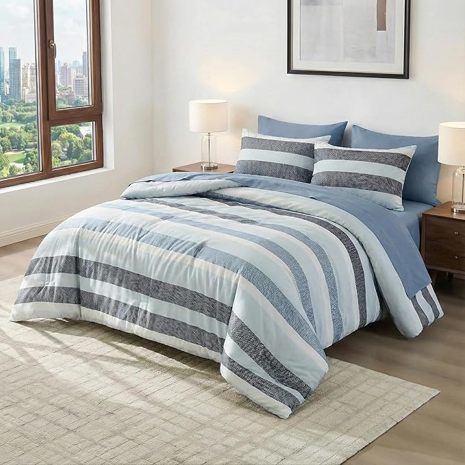 Queen Size Modern Striped Comforter Set, Lightweight Soft Microfiber Bedding Sets for All Season 7 Pieces Bed in A Bag Set with Comforter, Sheets, Pillowcases & Shams, Navy Blue