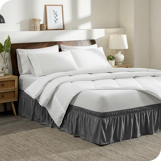Bare Home Wrap Around Bed Skirt - for Cal King Size Beds with 15 inch Tailored Drop - Easy Fit Elastic Strap - Adjustable and Ruffled Style - Wrinkle, Fade, and Stain Free (Cal King, Grey)