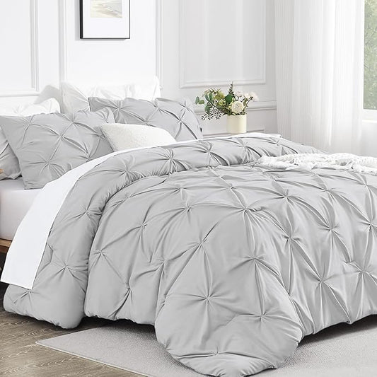 Andency Light Grey Queen Comforter Set, 3 Piece All Season Decorative Pintuck Bedding Comforter & Sets, Grey Soft Microfiber Lightweight Washable Bed Set for Queen Size Bed