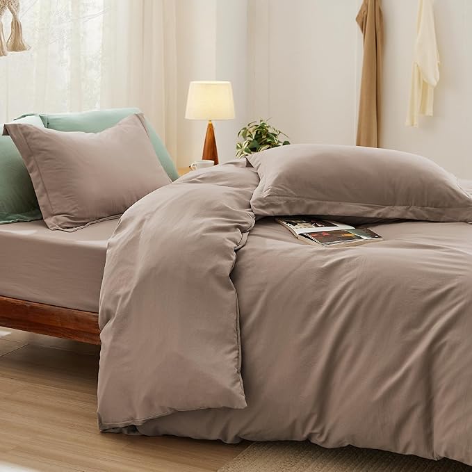 Bedsure California King Size Duvet Cover with Fitted Sheet - 4 Pieces Prewashed Cotton-Like Polyester Extra Soft Bedding Set, Includes 1 Duvet Cover 104''x98'', 2 Pillow Shams, 1 Fitted Sheet, Khaki