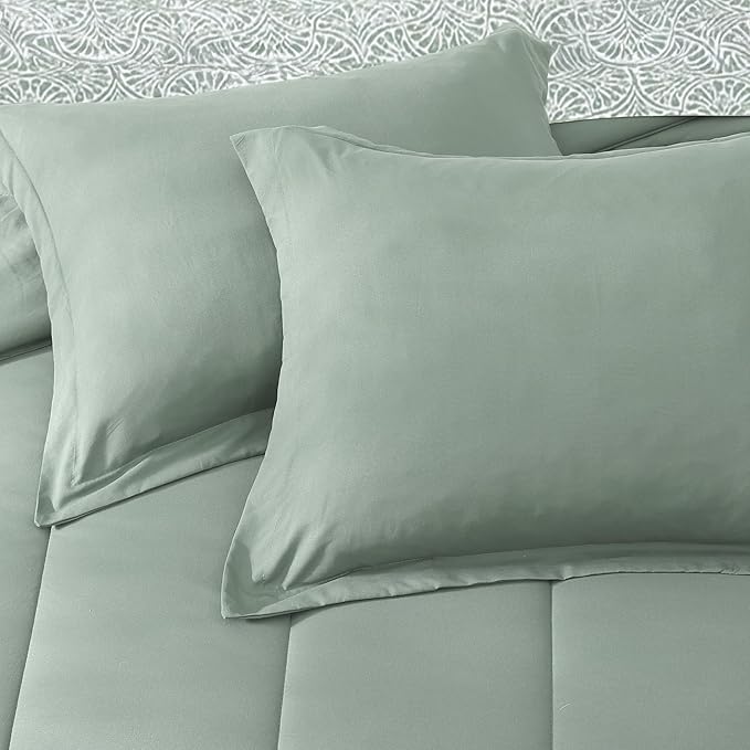 Monbix Full Comforter Set - 7 Pieces Sage Green Bed in a Bag Full Size Track Stitching Bedding Sets, All Seasons Comforter with Sheets,Pillowcases & Shams