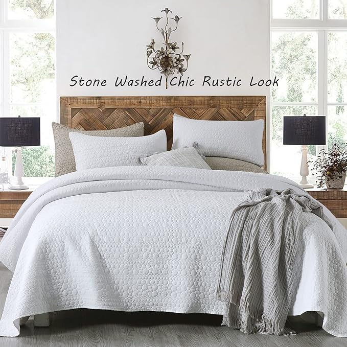 HORIMOTE HOME Quilt Set King Size White, Classic Geometric Spots Stitched Pattern, Stone-Washed Microfiber Chic Rustic Look, Ultra Soft Lightweight Quilted Bedspread for All Season, 3 Pieces