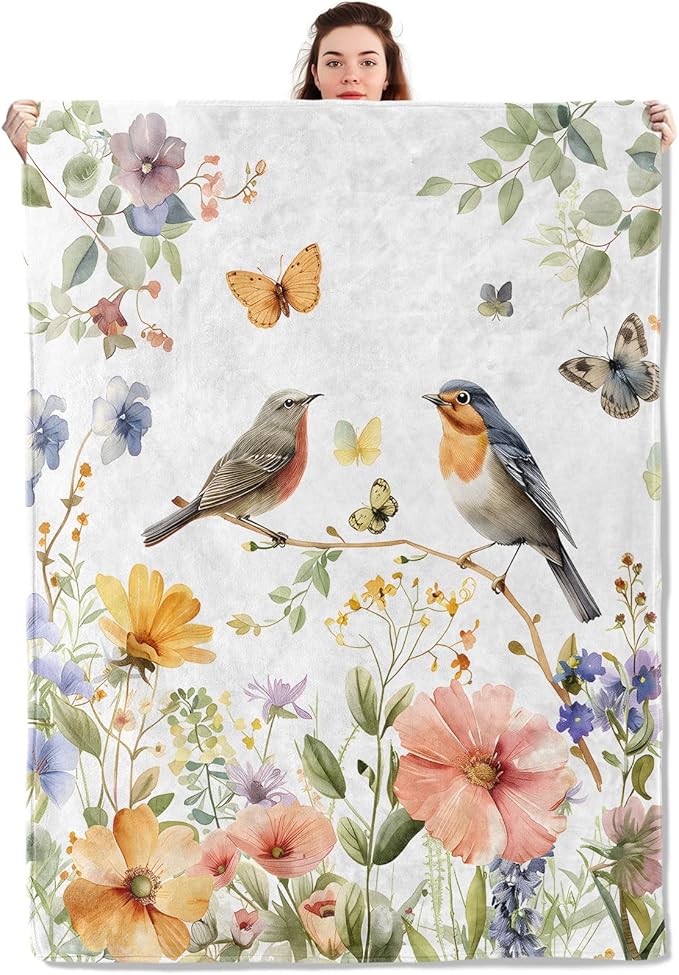 Bird Blanket Lightweight Blankets Gifts for Nature Lover Flannel Throw with Colorful Butterfly and Wildflower Printed for Sofa, Bed, Travel, Camping, Office, Spring Decor Throws 80x60 Inch