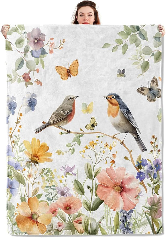 Bird Blanket Lightweight Blankets Gifts for Nature Lover Flannel Throw with Colorful Butterfly and Wildflower Printed for Sofa, Bed, Travel, Camping, Office, Spring Decor Throws 80x60 Inch