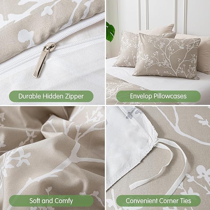 Lekesky King Size Duvet Cover Set, Reversible Duvet Cover King with Branch Pattern, Lightweight Soft Microfiber Comforter Cover, 3 Pieces Khaki Bedding Set with Zipper and 2 Pillowcases