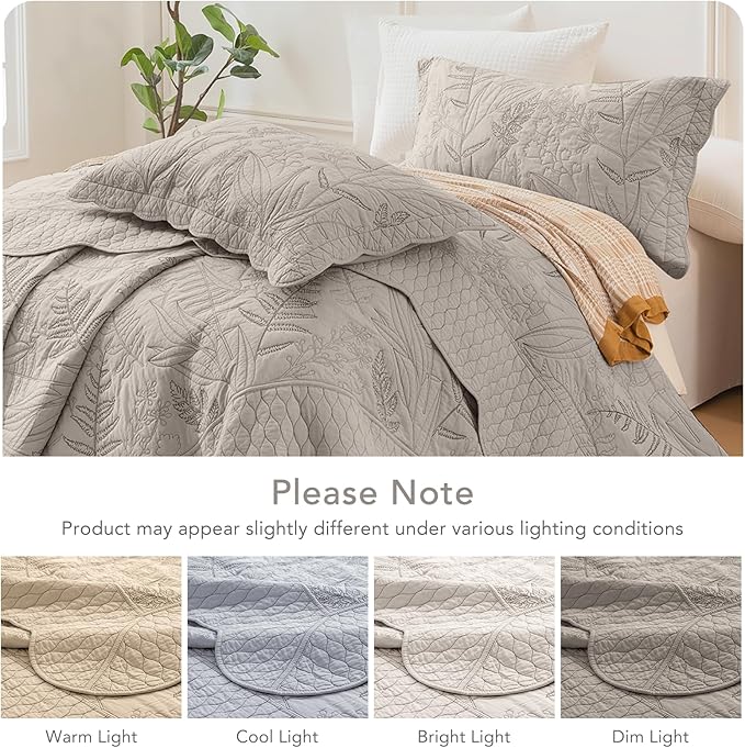 Lady Ann Oversized King Bedspread 128x120, Leaves Pattern Stitching Printed Quilt Set Soft & Lightweight Linen Feel Quilted Coverlet, 3 Pcs Extra Large Botanical Bedding Sets