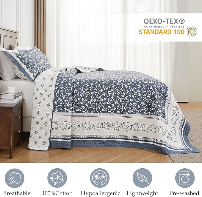 Oversized Queen Bedspread Set - 100% Cotton Lightweight Quilted Coverlet - Soft Reversible Bedding, Botanical Floral Design - Includes 1 Bedspread (102x120) & 2 Pillow Shams - Grayish-Blue