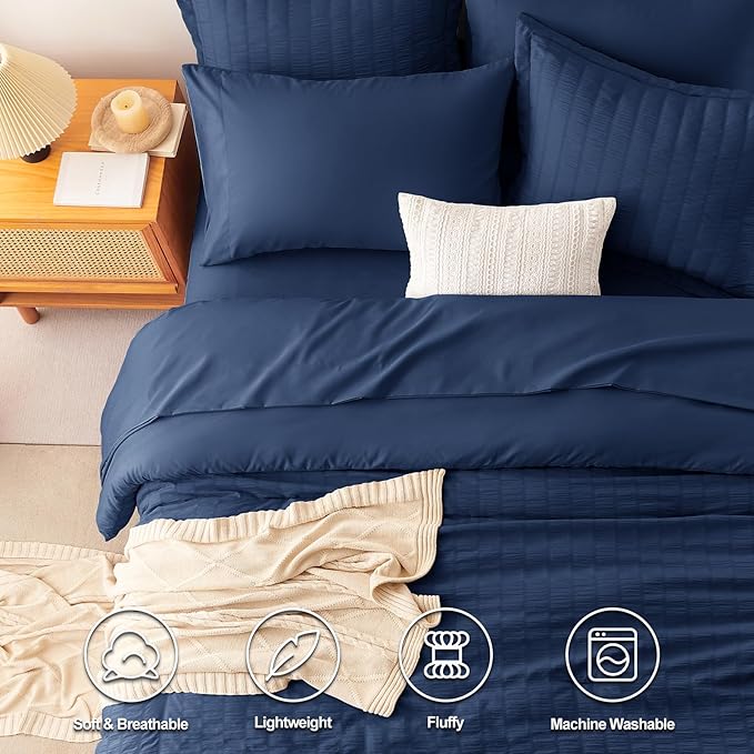 CozyLux Oversized King Comforter Set Navy Blue Seersucker 7 Pieces Bed in a Bag King Comforter Set with Sheets, Luxury Soft Bedding Set with Down Alternative Comforter, Sheets, Pillowcases & Shams
