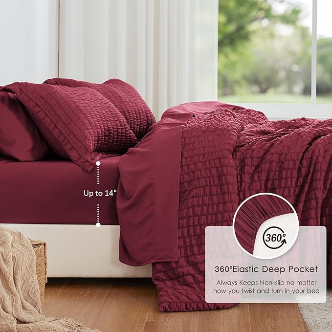 Love's cabin Seersucker Burgundy Twin XL Comforter Set, 5-Piece All Season Lightweight Bed in a Bag Bedding Set with Comforter, Flat Sheet, Fitted Sheet, Pillowcase and Sham | Soft, Breathable, Lightweight