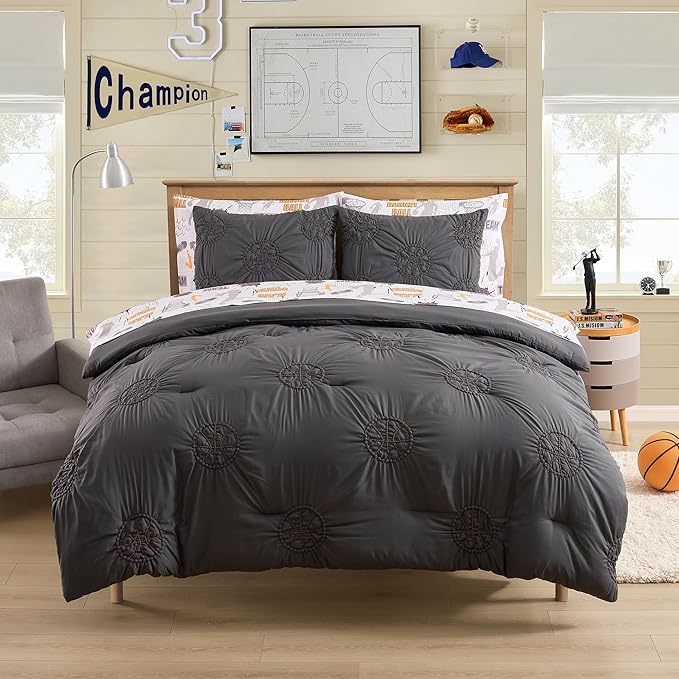 Basketball Pintuck Comforter Set Full Size – Bed in a Bag with Sheets, Pillowcases & Shams – Soft Stylish Sports Bedding – All Season Boys Basketball Bed Set