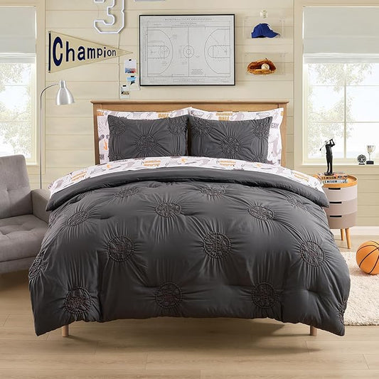 Basketball Pintuck Comforter Set Full Size – Bed in a Bag with Sheets, Pillowcases & Shams – Soft Stylish Sports Bedding – All Season Boys Basketball Bed Set