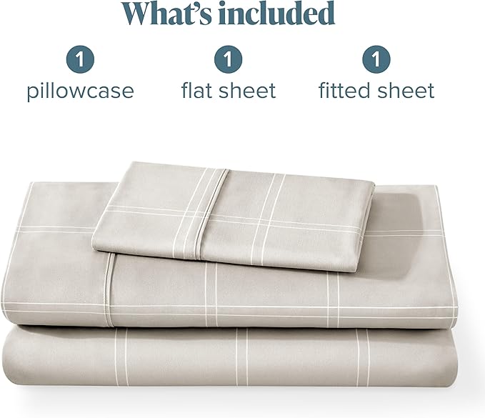 Bare Home Twin XL Sheet Set - College Dorm Size - 1800 Ultra-Soft Microfiber - Deep Pockets - Easy Fit - 3 Piece Set - Bed Sheets (Twin XL, Modern Plaid - Stone/White)