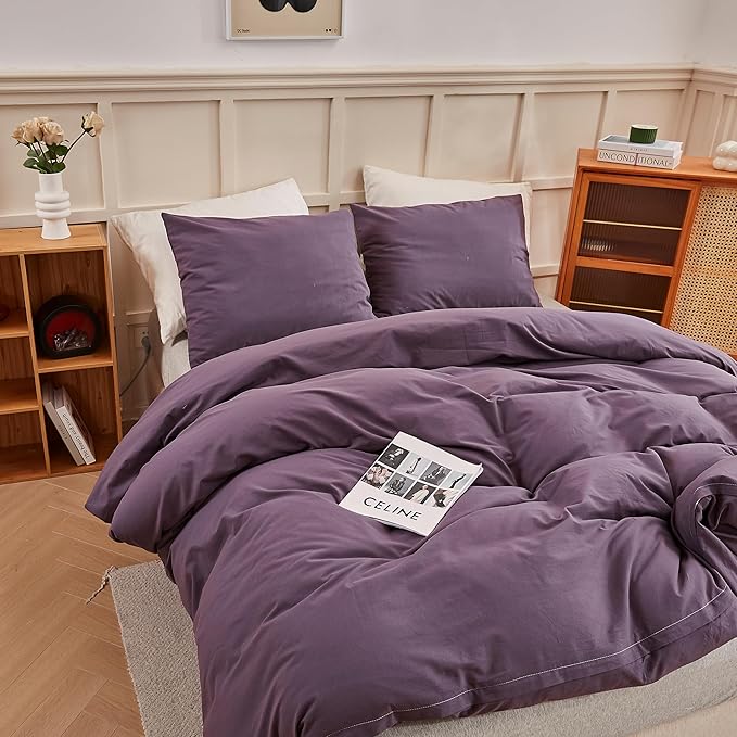 ECOCOTT Lilac Purple Duvet Cover King Size, 100% Washed Cotton 3 Piece Bedding Set 1 Duvet Cover with Zipper and 2 Pillowcases, Ultra Soft and Easy Care Breathable Duvet Cover Set ((Lilac Purple,King)