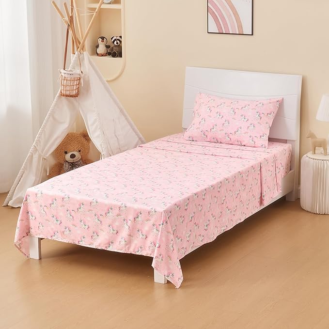 Kids Sheet Set Twin Size 3 Pcs, Girls Sheet Set with Pink Unicorn Pattern，Kids Girls Twin Fitted Sheet，Breathable & Silky Soft Microfiber Fitted Sheet