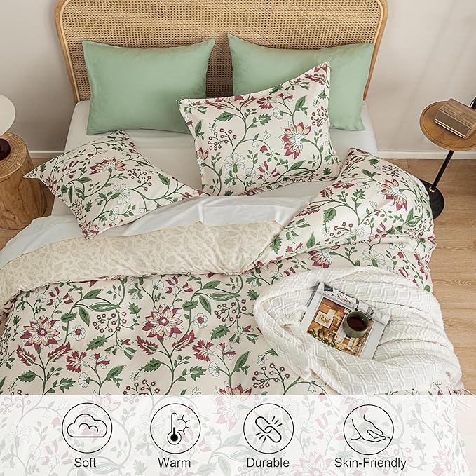 PHF Ultra Soft Floral Duvet Cover Queen Size, Printed Bedding Set 3 Pieces, Comfy Farmhouse Pattern Duvet Cover Set with 2 Pillow Shams, Zipper Closure and 8 Ties, 90"x90", Flower-Pink