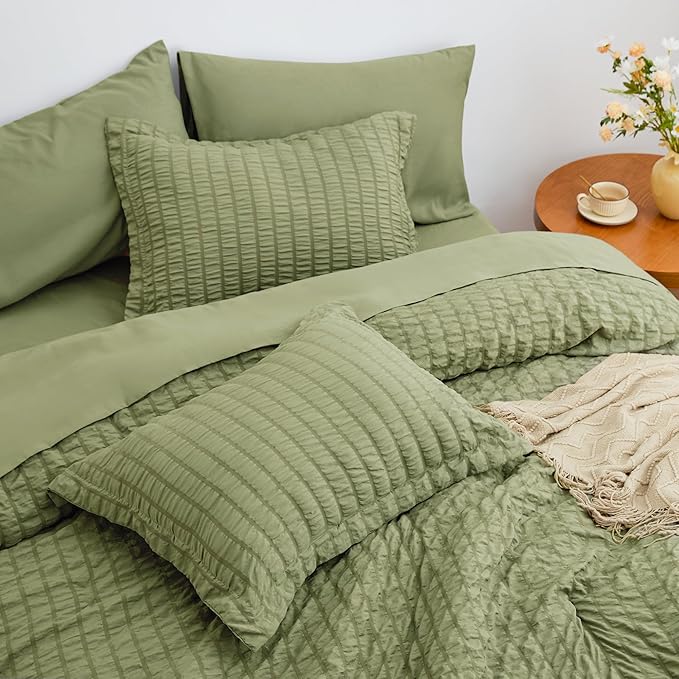 Love's cabin Seersucker Sage Green California King Comforter Set, 7-Piece All Season Lightweight Bed in a Bag Bedding Set with Comforter, Flat Sheet, Fitted Sheet, Pillowcases and Shams | Soft, Breathable, Lightweight