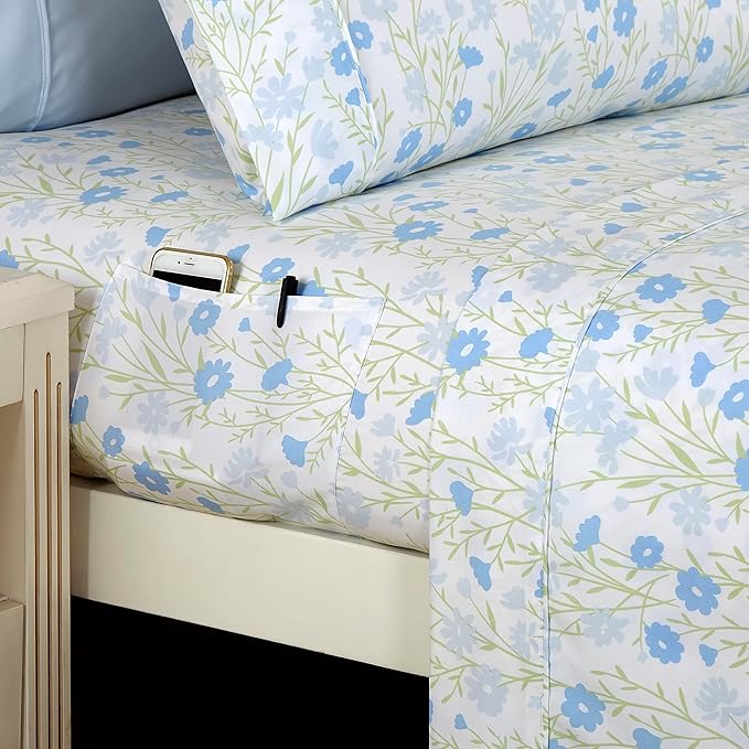 Elegant Comfort Softest and Coziest 6-Piece Sheet Set - 1500 Premium Hotel Quality Microfiber - Deep Pocket, Wrinkle Resistant 6-Piece Floral Bed Sheet Set, Queen, Laurel Blue