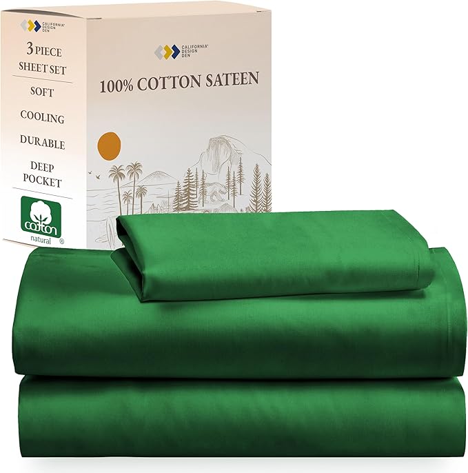 California Design Den Natural 100% Cotton Bed Sheets Twin Size Set - Soft Sateen Twin Sheets with 12" Pockets, Breathable and Durable Bedding Set for Dorm Rooms, College (Emerald Green)