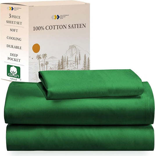 California Design Den Natural 100% Cotton Bed Sheets Twin Size Set - Soft Sateen Twin Sheets with 12" Pockets, Breathable and Durable Bedding Set for Dorm Rooms, College (Emerald Green)