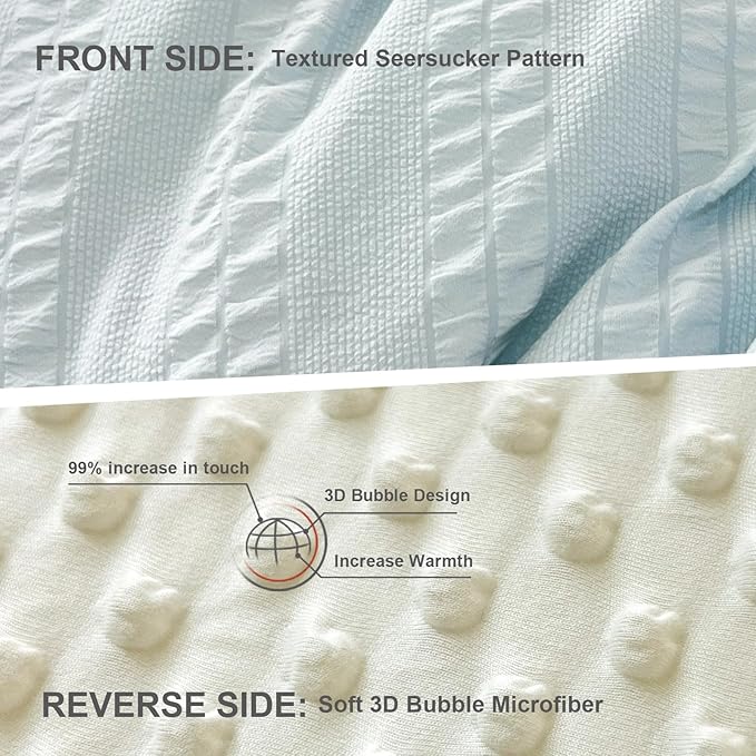 Boho Comforter Set Twin Size Striped Pleats Bohemian Seersucker Bedding Set All Season Soft Cozy 2 Pieces Quilt with 1 Pillowcase(68"X90" Light Blue)