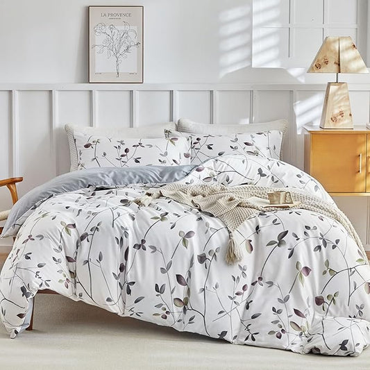 Lekesky Reversible Duvet Cover Queen Size, White Grey Tree Branch Pattern Comforter Cover Queen 3pc Super Soft Microfiber Breathable Botanical Bedding Sets with Zipper Ties