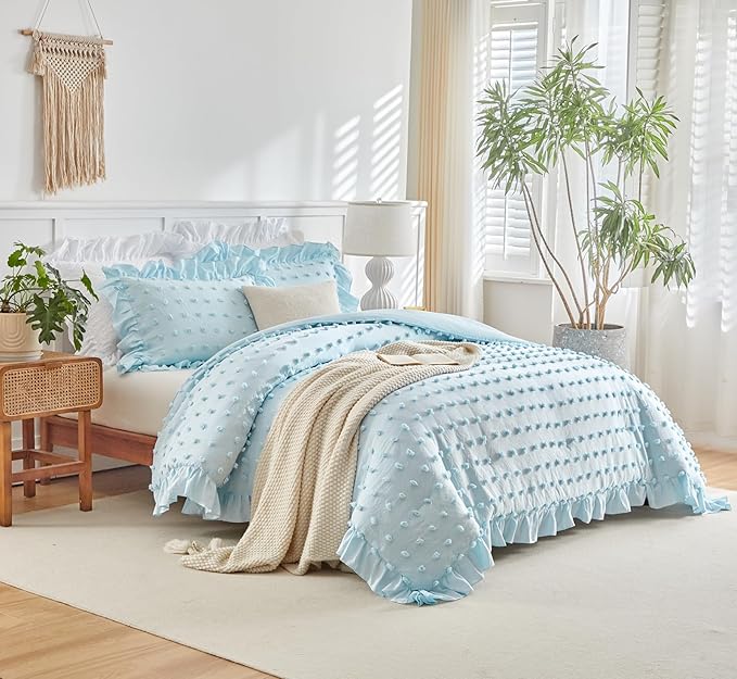 Flysheep Tufted Dots Ruffle Comforter Set Twin Size, 3 Pieces Blue Vintage Farmhouse Shabby Chic Comforters, Jacquard Boho Bohemian Bedding Set for Kids (1 Ruffled Comforter+ 2 Pillow Shams)