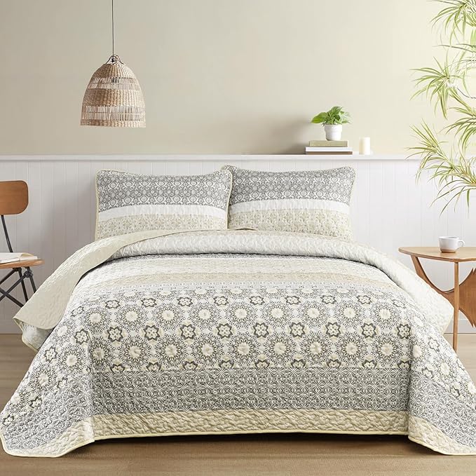 WONGS BEDDING Boho Quilt Set Full Size,Beige Bohemian Striped Patchwork Bedspread Set,3 Pieces Microfiber Bedding Set for All Seasons (78"×90")