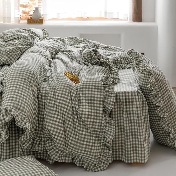 mixinni Green Gingham Ruffle Duvet Cover Twin Size 3 Pieces – 100% Washed Cotton, Vintage Plaid Ruffled Bedding Set with Zipper Ties, Soft Checkered Grid Farmhouse Chic Comforter Cover Set