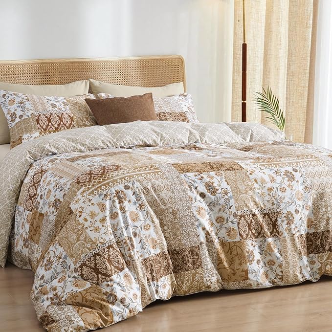 PHF Ultra Soft Floral Duvet Cover Twin Size, Printed boho Bedding Set 2 Pieces, Comfy Farmhouse Reversible Paisley Pattern Duvet Cover Set with 1 Pillow Shams, Zipper Closure and 6 Ties, 68"x90",Brown