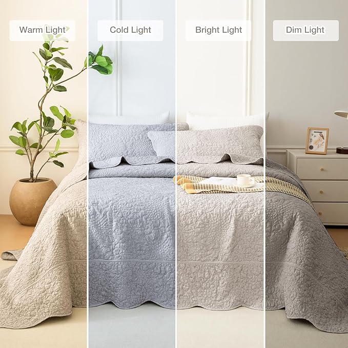 Masaca Oversized King Bedspread 128x120,Linen Colored Crinkled Oversized King Quilt 3Pcs Soft Lightweight Farmhouse Shabby Boho Stone-Washed Scallop Extra Large Quilt Coverlet Bedding Set
