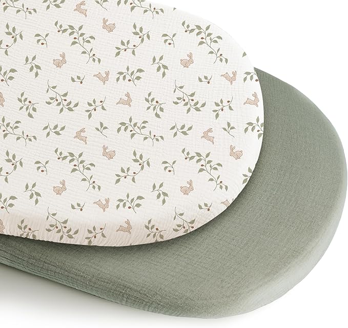 Konssy 2 Pack Muslin Bassinet Sheets for Boys, Girls, 100% Cotton Soft Breathable Fitted Bassinet Mattress Sheet, 32 x 16 inches (Sprout,Fog Green)