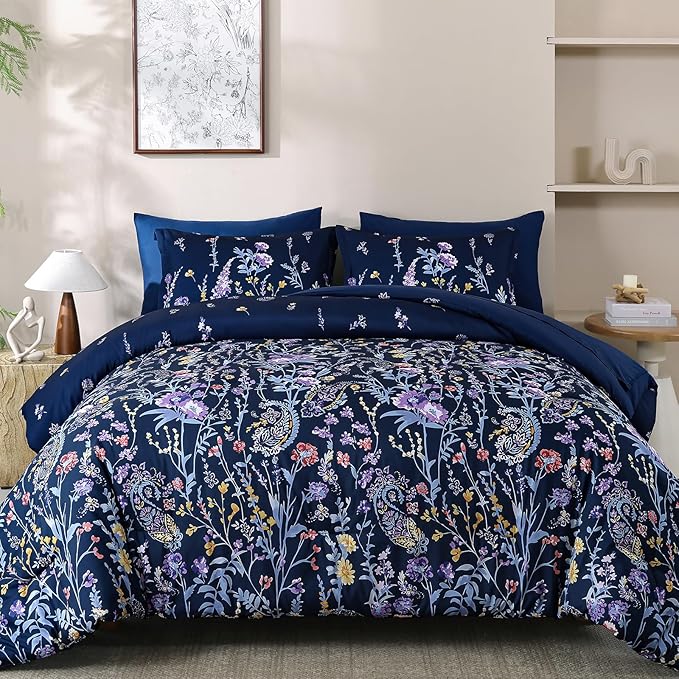 Yiran Navy Floral Comforter Set Queen Size, 7 Piece Blue Botanical Flowers Comforter Bedding Set, Bed in a Bag Queen, Soft Microfiber Complete Bedding Set with Sheets for All Season