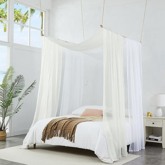 Warm Home Designs Set of 2 White & Beige Canopy Bed Curtains in 55 x 216 Inch Size. 2 Queen Bed Canopy Curtains Can Be Turned Into Kids Bed Tent or Bed Canopy for Girls. BE White & Beige 216"