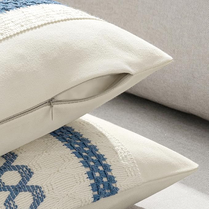 MIULEE Set of 2 Coastal Blue Boho Decorative Pillow Covers 16x16 Inch Farmhouse Rustic Couch Throw Pillows Modern Cotton Cushion Covers Retro Cute Macrame Woven Spring Home Decor for Bed Sofa Chair
