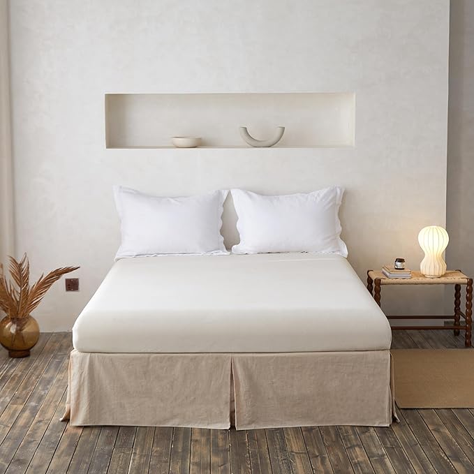 BISELINA French Linen Wrap Around Bed Skirt with Pleated Corner 18-Inch Tailored Drop Natural Flax Cotton Blend Basic Soft Cozy (18" Queen, Linen)