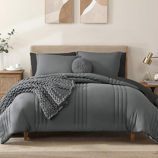 Monbix Full Comforter Set - 7 Pieces Grey Bed in a Bag Full Size Bedding Sets with Comforters, All Seasons Comforter with Sheets, Pillowcases & Shams