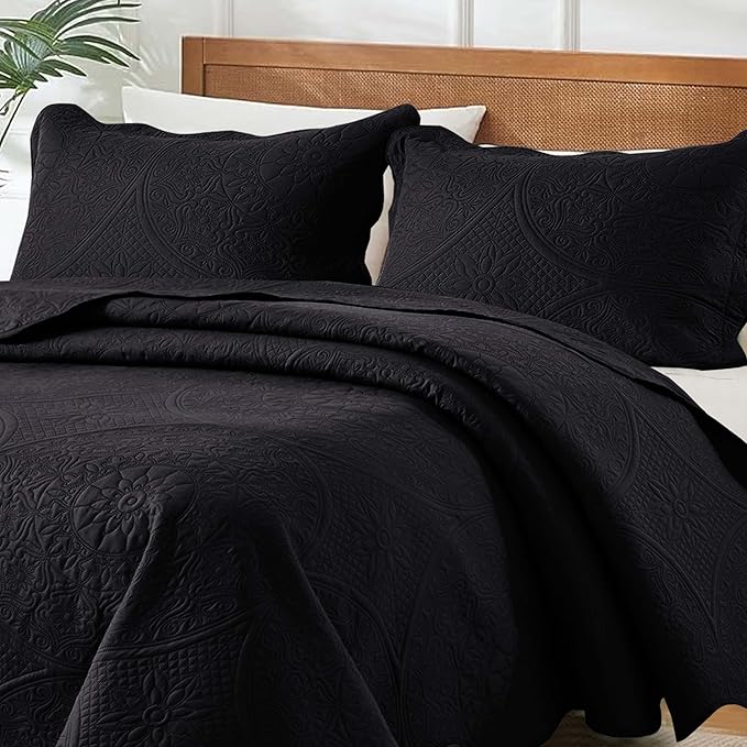 MOONLIGHT20015 8 Pack Quilt King Size Bedding (106" x 96") - Bulk Wholesale for Hotels, Guest Bedroom & Airbnbs - Lightweight Microfiber Reversible Floral Embossed Quilts Bedspreads (Black)