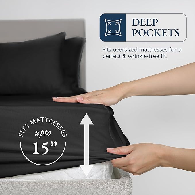 LANE LINEN Fitted Sheet Full Size, 100% Organic Cotton, 3-Piece Set (1 Fitted Sheet, 2 Pillowcases) Percale Weave, Bed Fitted Sheets, Breathable, Fits Mattress Upto 15" Deep - Black (No Flat Sheet)