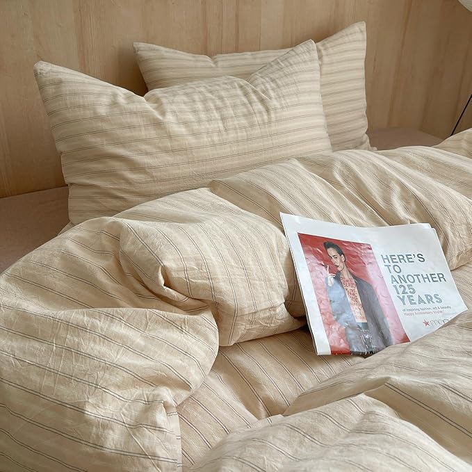 mixinni Retro Striped Duvet Cover Set Queen Size - 100% Washed Cotton Beige Duvet Cover with Black White Stripes, Soft Breathable 3 Piece Comforter Cover with Zipper Closure & Corner Ties