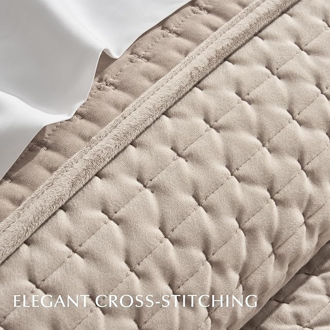 EVERGRACE Luxury Velvet Quilt Set Queen Size 3 Piece, Soft Cross-Stitch Velvet Comforter Set with Pillow Shams, Lightweight Coverlet Bedspread Bedding Set for All Seasons, Light Taupe